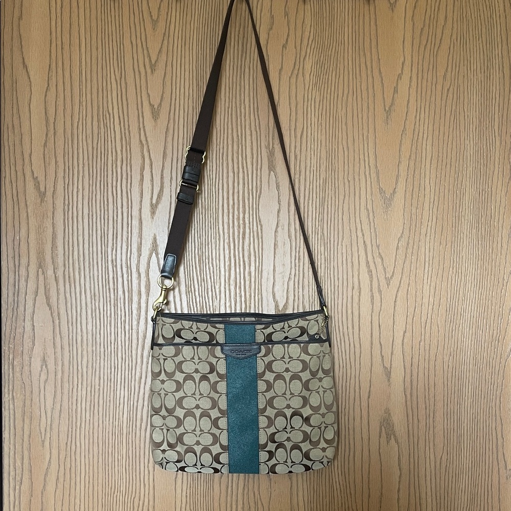 Coach Khaki Signature Canvas Crossbody with Teal Stripe